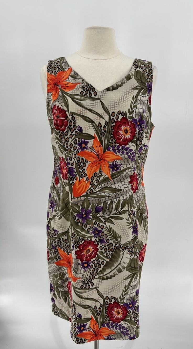 Vintage Kathie Lee Dress Womens 12 Green Floral Tropical Sleeveless Animal Print